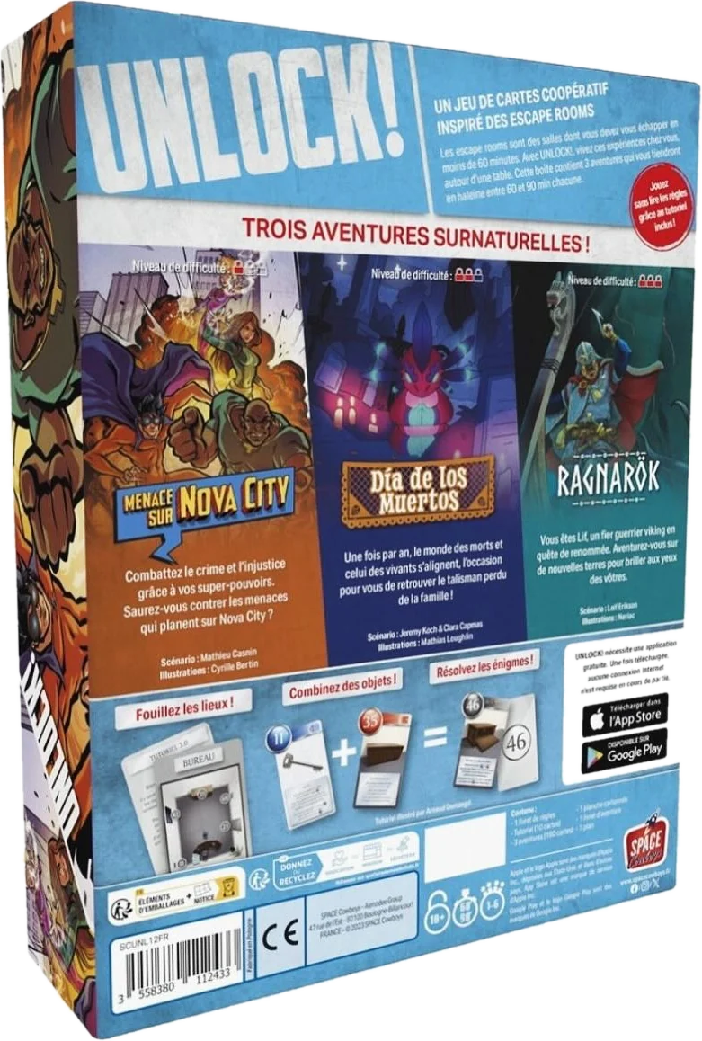 Dos de la boîte UNLOCK! Supernatural Adventures : trois aventures, dont Día de los Muertos, scénario de Jeremy Koch et Clara Capmas